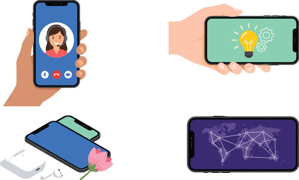 Smartphone Technology and Communication Vector Icon Set Featuring Video Call Support Hand Holding Phone Idea Bulb Global Network and Wireless Earbuds