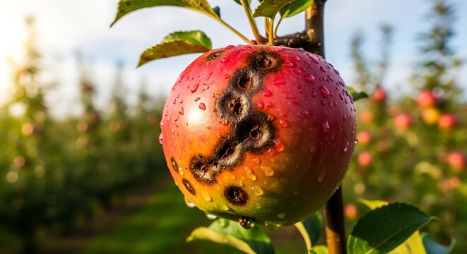 Single red apple on a tree branch affected by fungal disease and rot