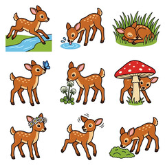 Obraz premium A collection of nine charming fawns engaging in various woodland activities like running across a stream drinking from water playing with butterflies and resting beneath a large spotted mushroom