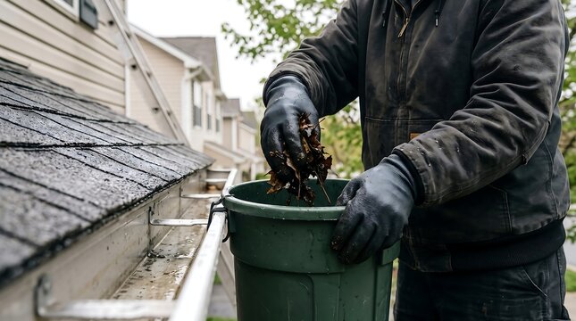 Professional worker cleaning clogged gutters on residential house exterior during maintenance