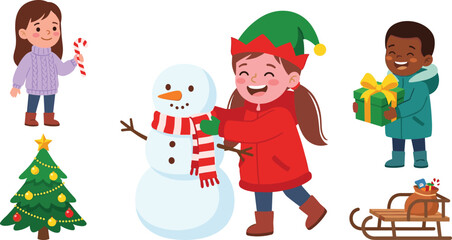Fototapeta premium Christmas Holiday and Winter Activities Vector Set Featuring Kids Building Snowman Holding Candy Cane Gift Box Christmas Tree and Sled for Kids Designs