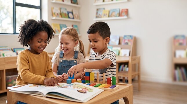 Children Learning Together: Three young children of diverse backgrounds engage in a collaborative learning activity.