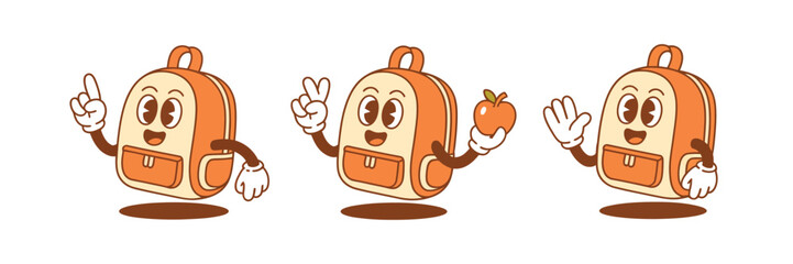 Obraz premium Schoolbag mascot icon set, funny cartoon backpack characters for back to school, studying and education, clean isometric vector illustration