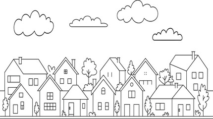 Fototapeta premium Suburban Neighborhood Street Landscape Line Art Vector with Cute Cartoon Houses, Trees, and Clouds for Kids Coloring Pages, Architecture Layouts, and Town Backgrounds