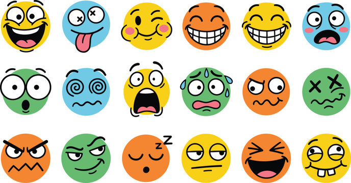 Fun Cartoon Face Expression Vector Sticker Set with Crazy Laughing Shocked Dizzy Angry and Silly Hand Drawn Emoji Emoticon Avatar Character Illustrations