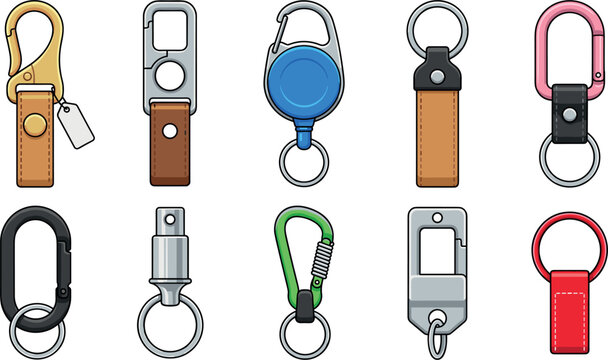 Modern outdoor utility keychain and carabiner vector set featuring leather straps tactical clips retractable reels and metal loops