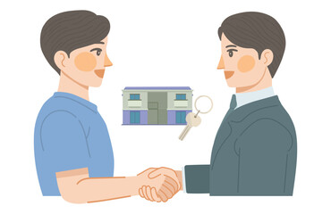Fototapeta premium アパートの不動産取引が成立し、顧客の男性と、営業の男性が握手しているイラスト