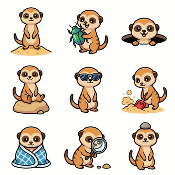 A collection of charming meerkats engaged in various activities like playing with bugs and using tools displays a set of delightful characters that bring joy to any creative design project you