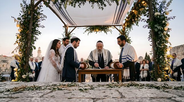 Jewish Wedding Ceremony Under a Chuppah at Sunset.