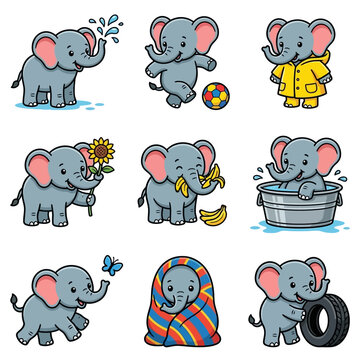 A collection of cute baby elephants engages in various daily activities like playing with a ball, eating tasty yellow bananas, bathing in a water tub, and wrapping themselves in a warm colorful