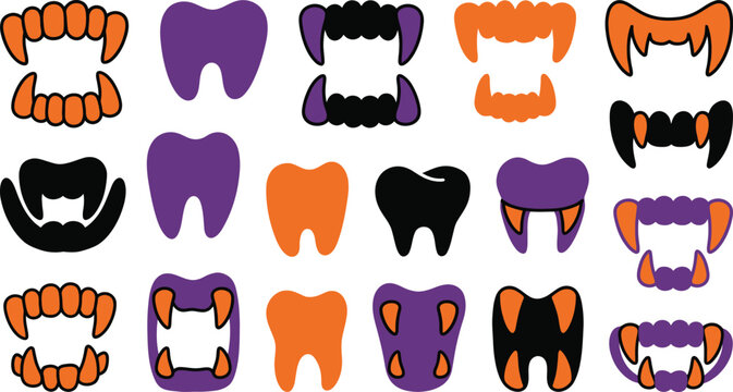 A vibrant collection of halloween themed vector icons depicting various vampire teeth designs perfect for spooky illustrations digital art and festive projects