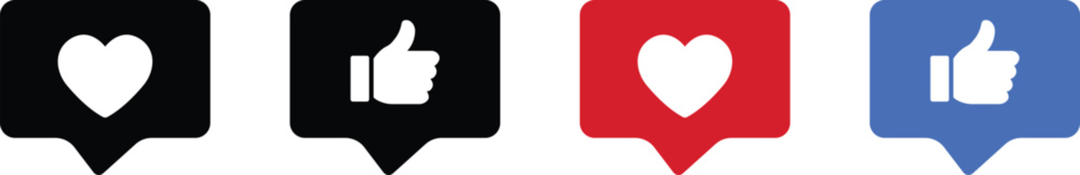 Social Media Like Icon Set &ndash; Heart and Thumbs Up Reaction Symbols in Black, Red and Blue