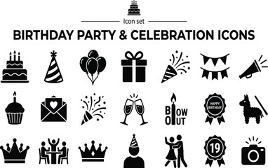 Naklejka premium Birthday Party and Celebration Icons Set - High-Quality Black Solid Symbols Featuring Cake, Balloons, Gifts, Party Hat, Bunting, Champagne, Pinata, Crown, and Festive Event Elements Vector.