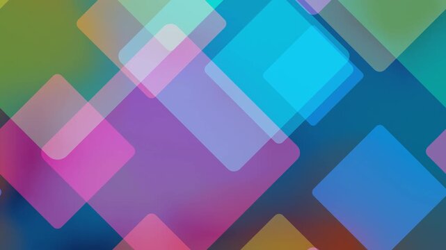 slow motion layered translucent rounded rectangles and squares in soft teal, purple, and blue tones, colorful abstract loopable background animation