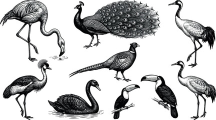 Fototapeta premium Vintage woodcut style exotic wild birds vector set featuring detailed etchings of peacock flamingo crane toucan swan and pheasant