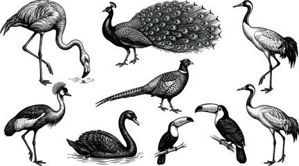 Naklejka premium Vintage hand drawn engraving style exotic wild birds collection featuring detailed peacock flamingo crane swan pheasant and toucan vectors