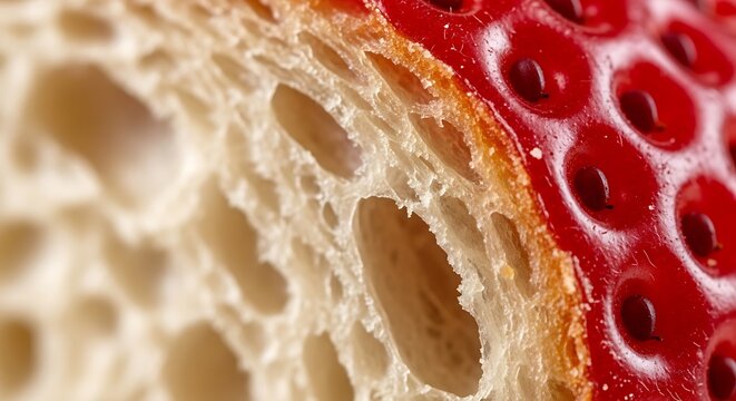 Macro view of fresh red strawberry surface texture and internal fruit structure