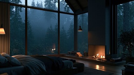 Naklejka premium Cozy bedroom with fireplace and large window overlooking a misty forest at dusk