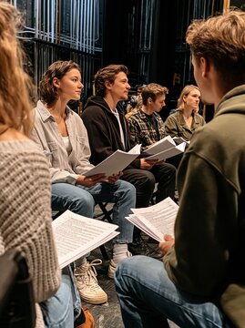 Diverse group of young actors rehearsing a script on a theater stage, focusing on collaboration and performance preparation