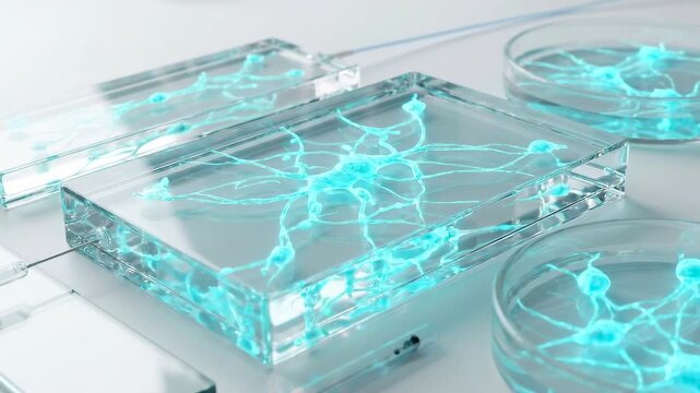 Glowing cyan cellular network on pristine transparent lab equipment with soft diffuse white lighting.