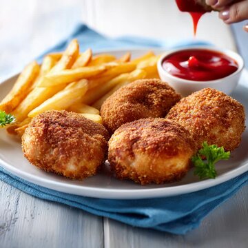 Female hand dipping a breaded chicken nugget into a small bowl of ketchup with french fries nearby