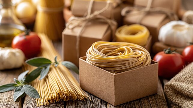Artisan Pasta Ingredients and Rustic Packaging Displayed on a Wooden Surface with Fresh Tomatoes and Herbs