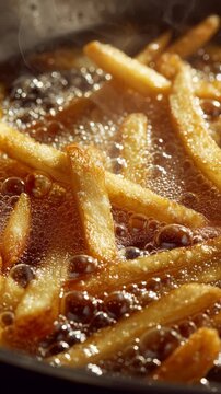 Crispy potato french fries cooking in hot, bubbling oil in a deep fryer, close up
