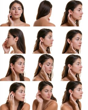 Collage of a Young Woman's Face and Profile Touching Her Ear in Various Poses and Angles