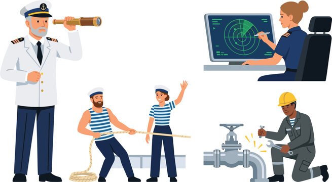 Ship Crew Character Set with Senior Captain looking through Spyglass Officer Monitoring Radar Screen Sailors Pulling Rope and Engineer Fixing Pipe