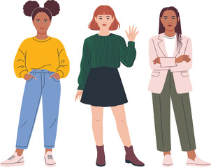 Obraz premium Diverse Group of Confident Women Standing Together Vector Illustration for Feminism Community Empowerment Corporate Diversity and Modern Lifestyle Design Graphic