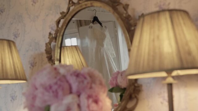 White wedding dress on hanger reflected in ornate gold mirror with pink peonies below