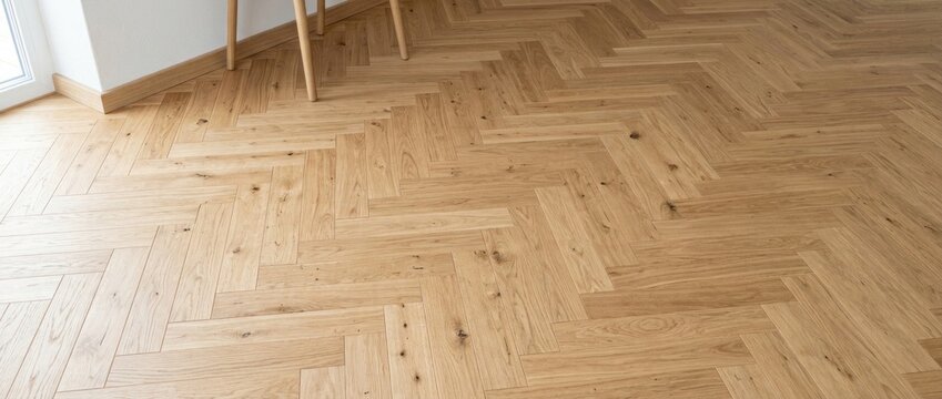 Light wood herringbone parquet floor in bright room.