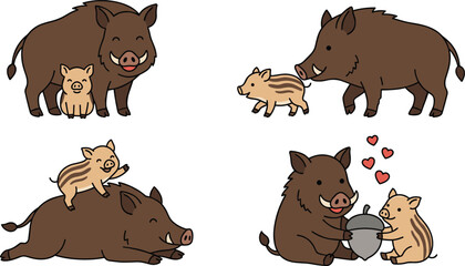 Cute Wild Boar Mother and Piglet Character Set Walking Playing and Sharing an Acorn for Wildlife and Nature Vector Graphic Illustrations