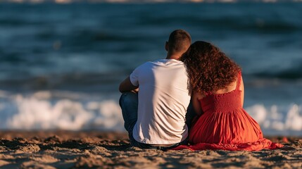 Fototapeta premium Couple embracing and watching sunset over the ocean on a sandy beach, romantic moment