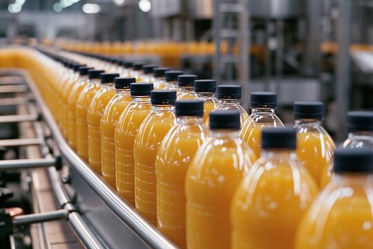 Automated beverage production line with rows of orange juice bottles on a conveyor belt