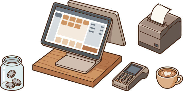 Cafe POS System Isometric Vector Elements Set with Cash Register Monitor Receipt Printer Credit Card Terminal Tip Jar and Coffee Cup