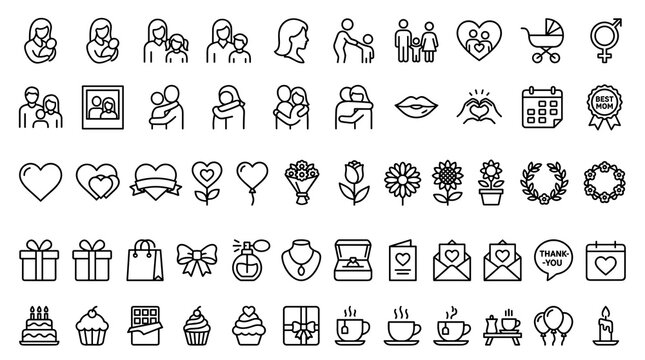 Modern Mother&rsquo;s Day Linear Icon Collection with Motherhood, Family Love, Floral Gifts, Hearts, Presents, Greeting Cards, and Celebration Symbols