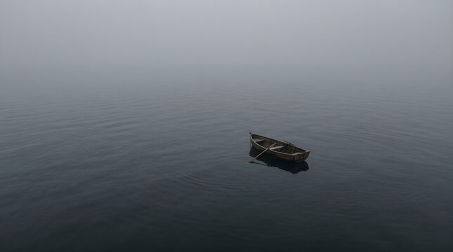 Wooden rowing boat drifting alone on a calm misty lake in foggy atmosphere