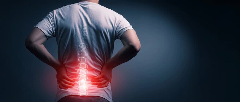 Man holding his lower back with a visible spine animation showing the painful lumbar area