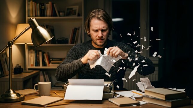 Frustrated man tearing document at typewriter in a dark home office
