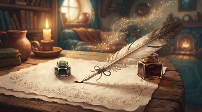 Antique quill pen with inkwell and parchment on a wooden desk  