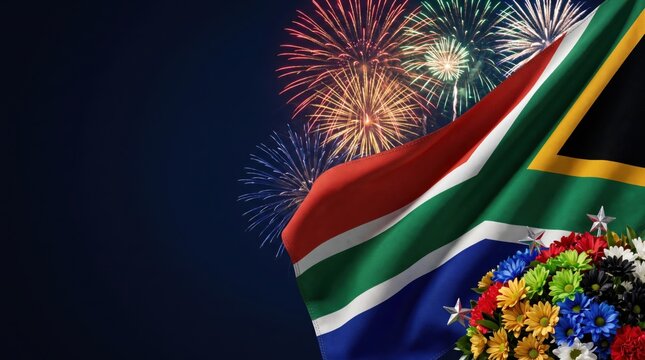 Waving south african flag with vibrant fireworks in the night sky and a colorful bouquet of flowers in the foreground, celebration concept