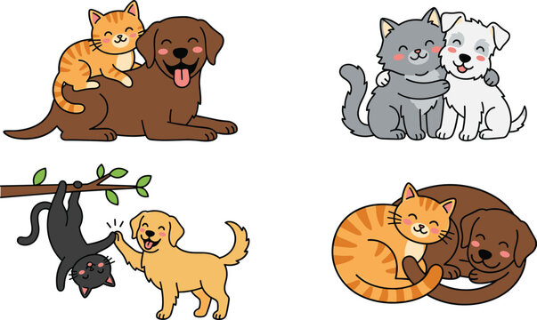 Cute Cartoon Cat and Dog Best Friends Vector Illustration Set Featuring Adorable Puppies and Kittens Hugging Playing and Sleeping Together