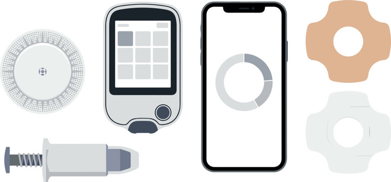 Continuous Glucose Monitoring CGM Device Set with Blood Sugar Sensor Reader Monitor Automatic Applicator Smartphone App and Adhesive Overpatch Vector Illustration
