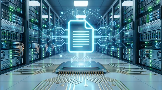 Cloud data storage server room concept showing glowing digital document hologram above computer microchip processor