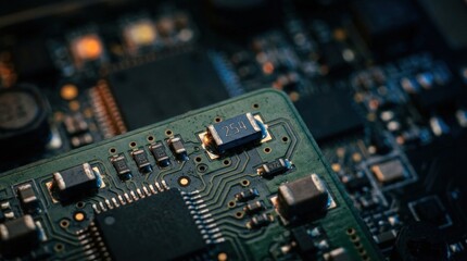 Fototapeta premium Macro detail of microchips and resistors on circuit board.