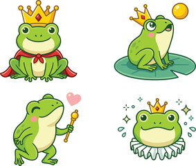 Naklejka premium Cute Cartoon Frog Prince Mascot Vector Set Featuring Fairytale Green Frogs Wearing Golden Crown, Royal Cape, and Holding Magic Scepter