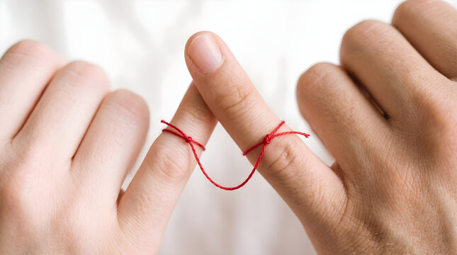 Red string of fate tied around two pinky fingers symbolizing love connection and destiny