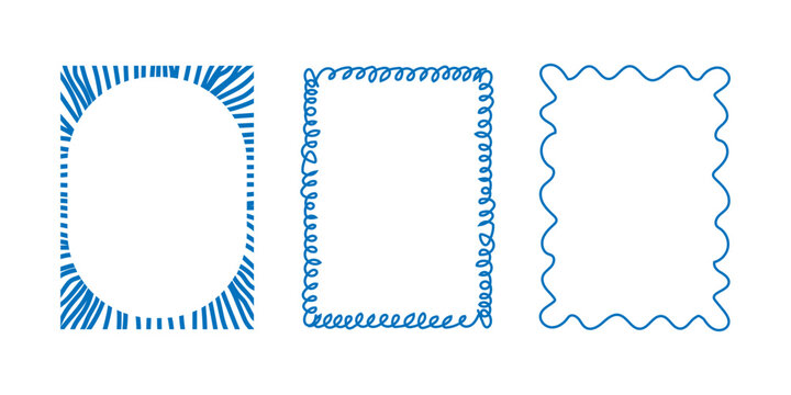 Blue crayon doodle set in hand drawn sketch coastal rectangle frames vector illustration