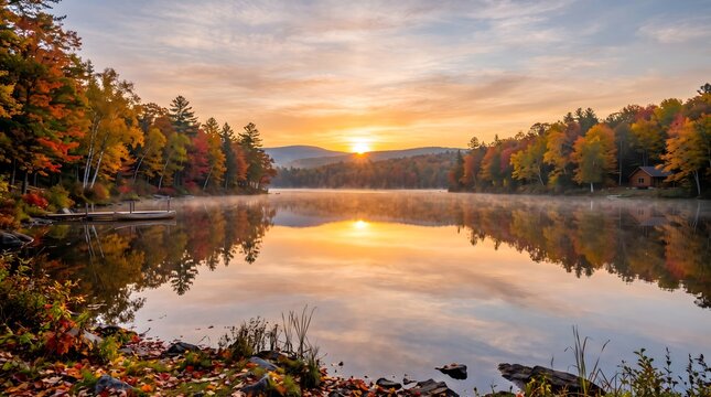 Sunrise over tranquil lake with vibrant autumn foliage reflections.